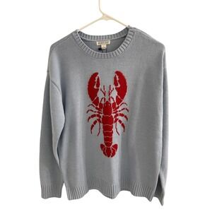 Mighty Fine Women Blue Red Lobster Graphic Knit Crewneck Sweater Large NWT